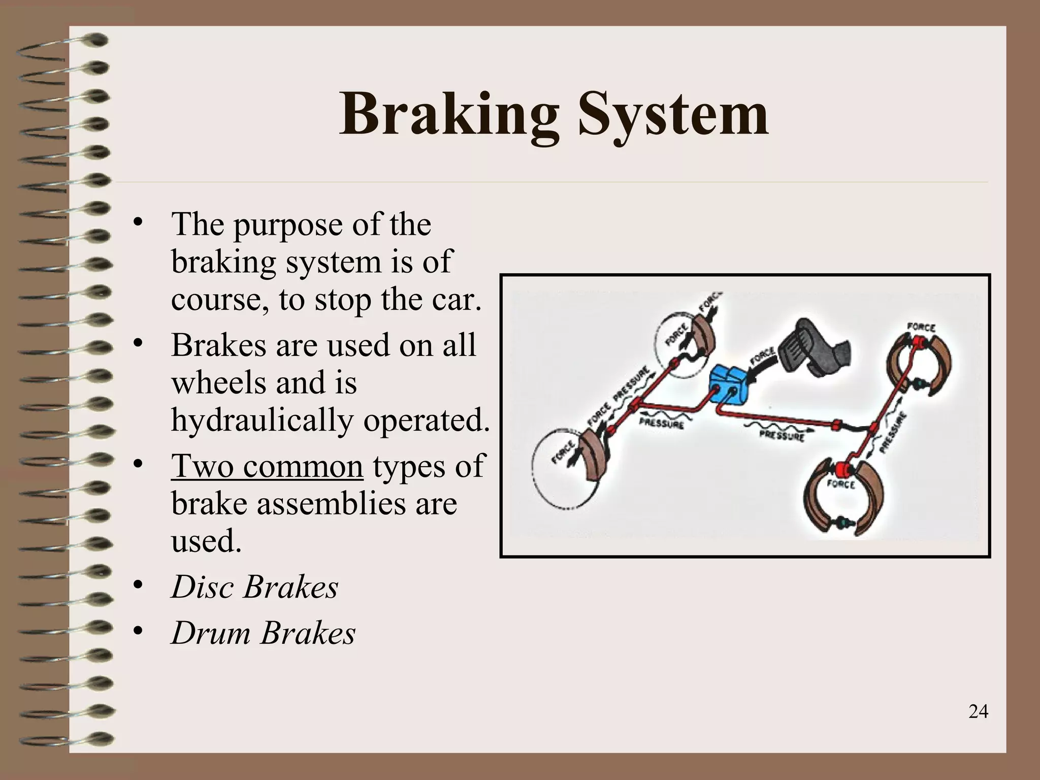 24
Braking System
• The purpose of the
braking system is of
course, to stop the car.
• Brakes are used on all
wheels and is
hydraulically operated.
• Two common types of
brake assemblies are
used.
• Disc Brakes
• Drum Brakes
 