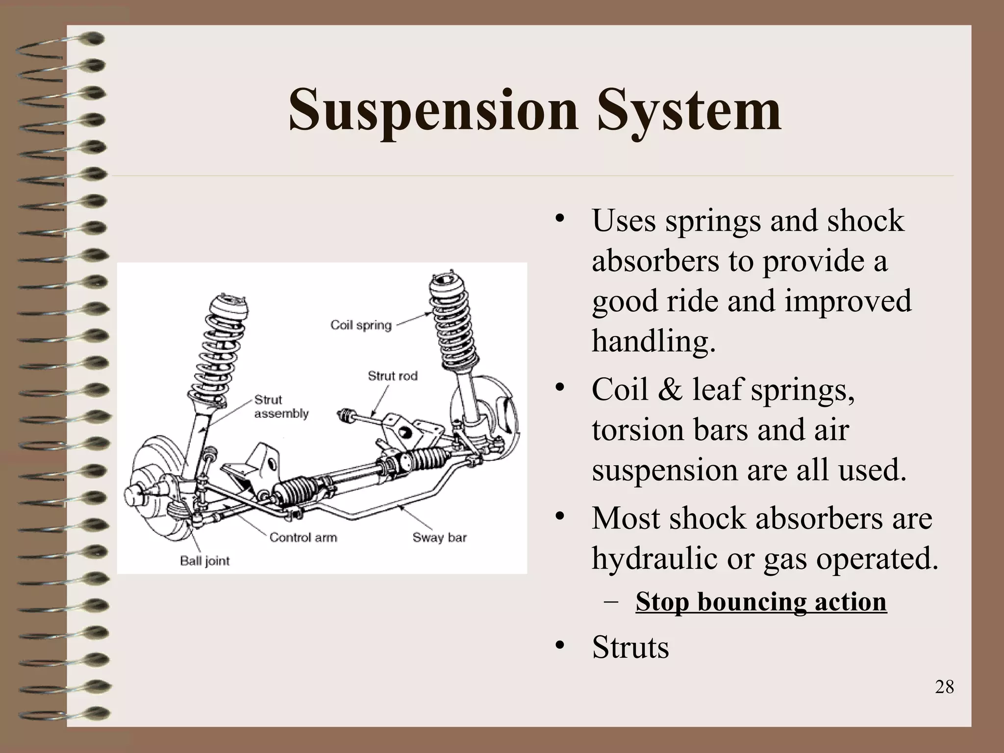 28
Suspension System
• Uses springs and shock
absorbers to provide a
good ride and improved
handling.
• Coil & leaf springs,
torsion bars and air
suspension are all used.
• Most shock absorbers are
hydraulic or gas operated.
– Stop bouncing action
• Struts
 