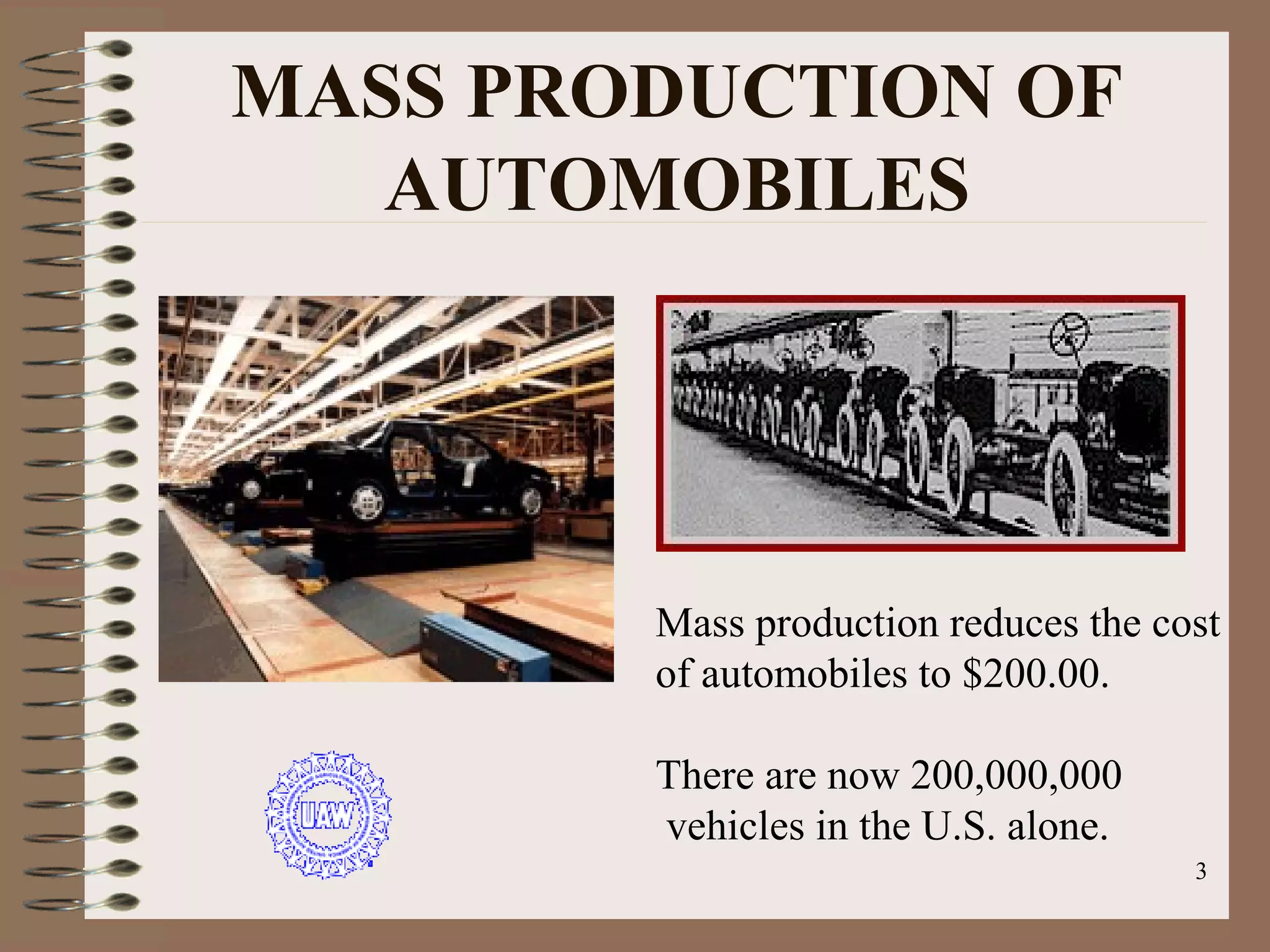3
MASS PRODUCTION OF
AUTOMOBILES
Mass production reduces the cost
of automobiles to $200.00.
There are now 200,000,000
vehicles in the U.S. alone.
 