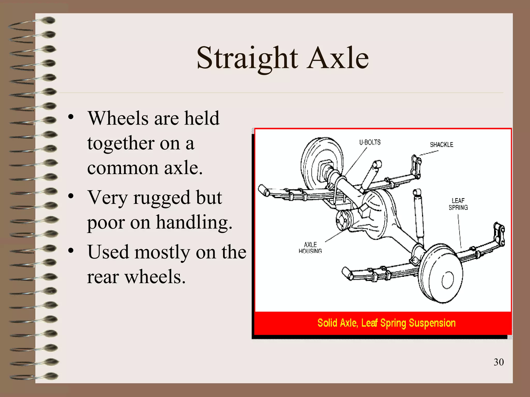 30
Straight Axle
• Wheels are held
together on a
common axle.
• Very rugged but
poor on handling.
• Used mostly on the
rear wheels.
 