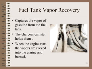 16
Fuel Tank Vapor Recovery
• Captures the vapor of
gasoline from the fuel
tank.
• The charcoal canister
holds them .
• When the engine runs
the vapors are sucked
into the engine and
burned.
 