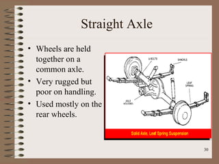 30
Straight Axle
• Wheels are held
together on a
common axle.
• Very rugged but
poor on handling.
• Used mostly on the
rear wheels.
 