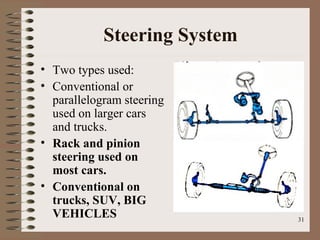 31
Steering System
• Two types used:
• Conventional or
parallelogram steering
used on larger cars
and trucks.
• Rack and pinion
steering used on
most cars.
• Conventional on
trucks, SUV, BIG
VEHICLES
 