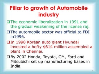 Pillar to growth of Automobile
              industry
The economic liberalization in 1991 and
 the gradual weakening of the license raj.
The automobile sector was official to FDI
 in1996.
In 1998 Korean auto giant Hyundai
 invested a hefty $614 million assembled a
 plant in Chennai.
By 2002 Honda, Toyota, GM, Ford and
 Mitsubishi set up manufacturing bases in
 India.
                                         6
 