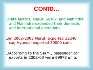 CONTD…
Tata Motors, Maruti Suzuki and Mahindra
 and Mahindra expanded their domestic
 and international operations.

in 2002-2003 Maruti exported 32240
 car, Hyundai exported 30000 cars.

According to the SIAM , passenger car
 exports in 2002-03 were 69973 units

                                           7
 