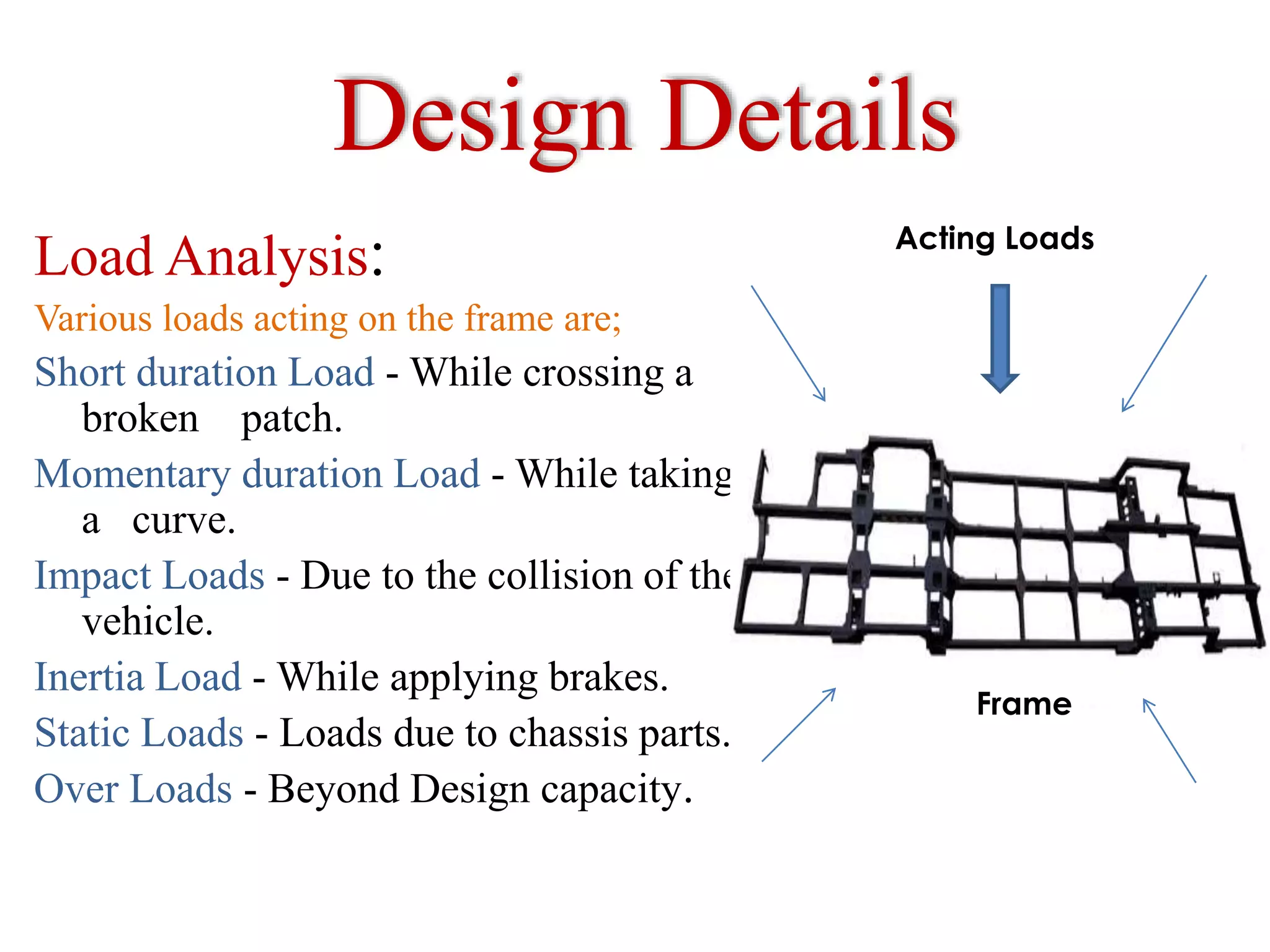 Design Details
Load Analysis:
Various loads acting on the frame are;
Short duration Load - While crossing a
broken patch.
Momentary duration Load - While taking
a curve.
Impact Loads - Due to the collision of the
vehicle.
Inertia Load - While applying brakes.
Static Loads - Loads due to chassis parts.
Over Loads - Beyond Design capacity.
Acting Loads
Frame
 