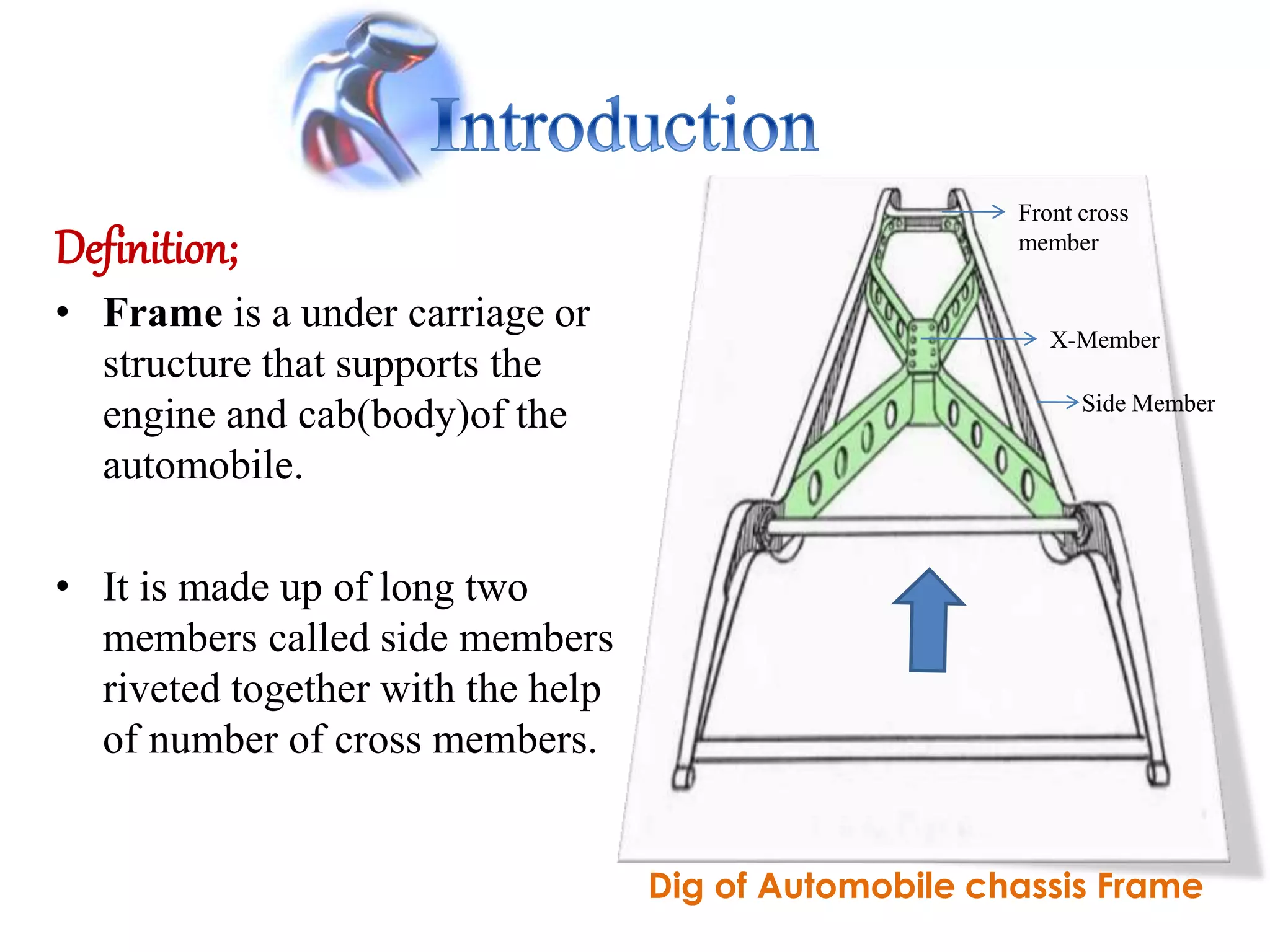 Definition;
• Frame is a under carriage or
structure that supports the
engine and cab(body)of the
automobile.
• It is made up of long two
members called side members
riveted together with the help
of number of cross members.
Dig of Automobile chassis Frame
Front cross
member
X-Member
Side Member
 