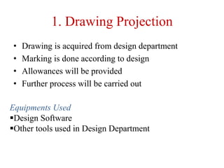 1. Drawing Projection
• Drawing is acquired from design department
• Marking is done according to design
• Allowances will be provided
• Further process will be carried out
Equipments Used
Design Software
Other tools used in Design Department
 