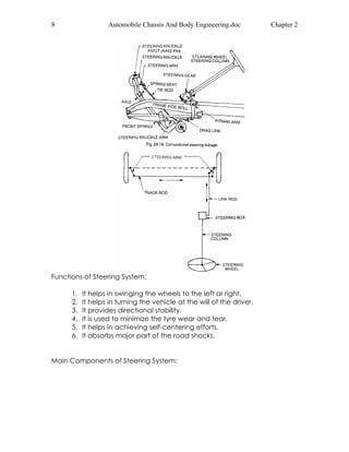 8 Automobile Chassis And Body Engineering.doc Chapter 2 
Functions of Steering System: 
1. It helps in swinging the wheels to the left or right. 
2. It helps in turning the vehicle at the will of the driver. 
3. It provides directional stability. 
4. It is used to minimize the tyre wear and tear. 
5. It helps in achieving self-centering efforts. 
6. It absorbs major part of the road shocks. 
Main Components of Steering System: 
 
