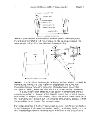 14 Automobile Chassis And Body Engineering.doc Chapter 2 
Toe-in: It is the amount in minimum at the front part of the wheel points 
inwards approximately 3 to 5 mm. It prevents side slipping excessive tyre 
wear, proper rolling of front wheels and steering stability. 
Toe-out: It is the difference in angles between two front wheels and vehicle 
frame during turning. It is used to prevent dragging of tyre during turn. 
Reversible steering: When the deflection of road wheels is transmitted 
through the steering wheel to road surface, the system is called Reversible. 
If every imperfection of road surface causes the steering to rotate, it 
causes much strain on the part of the driver to control the vehicle. It causes 
much strain on the part of the driver to control the vehicle. There fore such of 
the reversibility is not desired. But, some degree of reversibility desired, so that 
the wheel becomes straight after taking a curve. 
Irreversible steering: If the front road wheels does not transfer any deflection 
to the steering which is called irreversible steering. After negotiating a curve 
and the steering wheel not returned easily, there causes the production of 
 