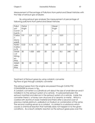 Chapter 8 Automobile Pollution 45 
Measurement of Percentage of Pollutions from petrol and Diesel Vehicles with 
the help of exhaust gas analyzers 
By using exhaust gas analyzer the measurement of percentage of 
following pollutants from petrol and Diesel Vehicles 
Pollut 
Petrol 
Diesel 
ant 
Engin 
Engin 
Consti 
e 
e 
tuents 
Carbo 
n 
Mono 
xide% 
9.9 2.9 2.7 3.9 - 0.01 - - 
Hydro 
Carbo 
ns % 
0.53 0.16 0.1 1.00 0.04 .0.01 0.01 0.03 
Oxide 
s of 
Nitrog 
en 
PPM 
30 1.020 650 20 60 8.5 240 30 
Aldeh 
ydes 
PPM 
30 30 10 290 10 20 10 30 
Treatment of Exhaust gases by using catalytic converter 
Fig Flow of gas through catalytic converter 
The exhaust gases from the engine are passed through CATALYTIC 
CONVENTER as shown in fig., 
A catalytic converter is a cylindrical unit about the size of small silencer and it 
installed in to the exhaust system of a vehicle. It is placed between the 
exhaust manifold and silencer in the exhaust system of a vehicle. Inside the 
converter there is a honey corn structure of a ceramic or metal . Which is 
coated with aluminum base material and there after a second coat of 
precious metals platinum, palladium or rhodium or combination of the same. 
The second coating serves as a catalyst. A catalyst is a substance which 
causes a chemical reaction that normally does not happen in to the given 
conditions. As a result catalytic reaction as the exhaust gases pass over the 
 