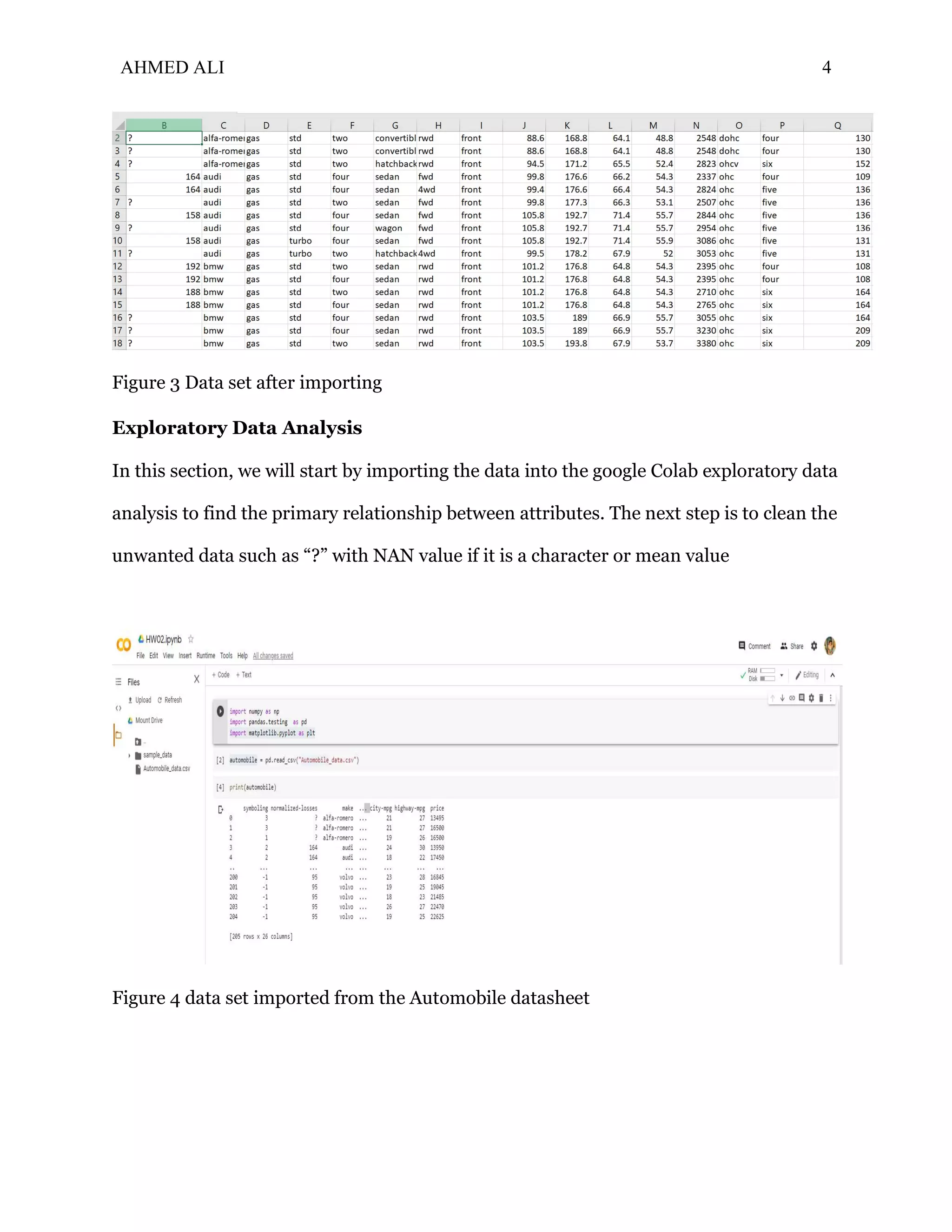 AHMED ALI 4
Figure 3 Data set after importing
Exploratory Data Analysis
In this section, we will start by importing the data into the google Colab exploratory data
analysis to find the primary relationship between attributes. The next step is to clean the
unwanted data such as “?” with NAN value if it is a character or mean value
Figure 4 data set imported from the Automobile datasheet
 