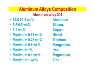 Aluminum Alloys Composition
Aluminum alloy 319
• 85.8-91.5 wt.% Aluminum
• 5.5-6.5 wt.% Silicon,
• 3-4 wt.% Copper
• Maximum 0.35 wt.% Nickel• Maximum 0.35 wt.% Nickel
• Maximum 0.25 wt.% Titanium
• Maximum 0.5 wt.% Manganese,
• Maximum 1% Iron,
• Maximum 0.1 wt.% Magnesium
• Maximum 1 wt.% Zinc
 