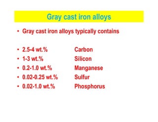 Gray cast iron alloys
• Gray cast iron alloys typically contains
• 2.5-4 wt.% Carbon
• 1-3 wt.% Silicon• 1-3 wt.% Silicon
• 0.2-1.0 wt.% Manganese
• 0.02-0.25 wt.% Sulfur
• 0.02-1.0 wt.% Phosphorus
 
