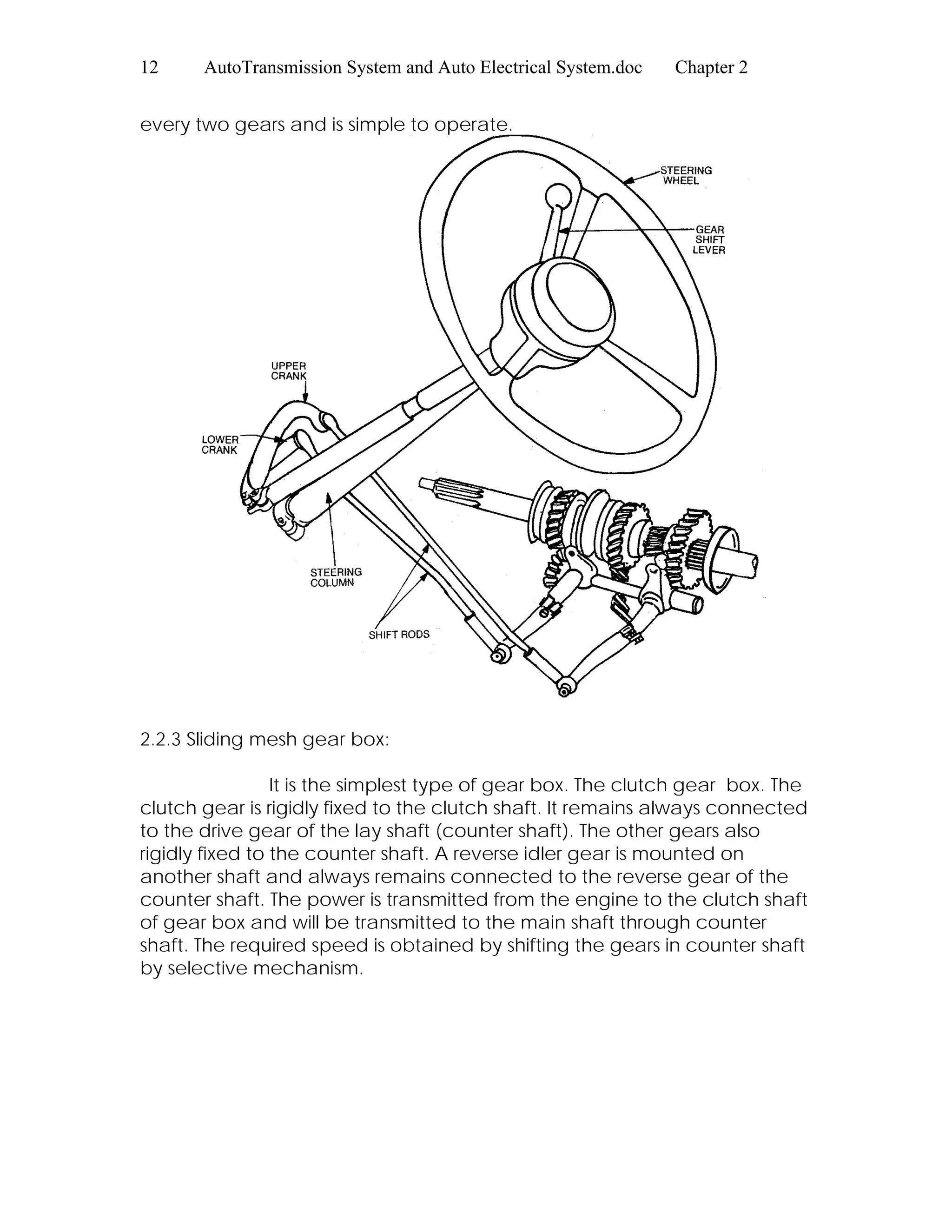 12 AutoTransmission System and Auto Electrical System.doc Chapter 2
every two gears and is simple to operate.
2.2.3 Sliding mesh gear box:
It is the simplest type of gear box. The clutch gear box. The
clutch gear is rigidly fixed to the clutch shaft. It remains always connected
to the drive gear of the lay shaft (counter shaft). The other gears also
rigidly fixed to the counter shaft. A reverse idler gear is mounted on
another shaft and always remains connected to the reverse gear of the
counter shaft. The power is transmitted from the engine to the clutch shaft
of gear box and will be transmitted to the main shaft through counter
shaft. The required speed is obtained by shifting the gears in counter shaft
by selective mechanism.
 