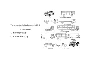 The Automobile bodies are divided
in two groups
1. Passenger body
2. Commercial body
 