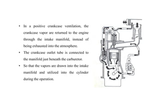 • In a positive crankcase ventilation, the
crankcase vapor are returned to the engine
through the intake manifold, instead of
being exhausted into the atmosphere.
• The crankcase outlet tube is connected to
the manifold just beneath the carburetor.
• So that the vapors are drawn into the intake
manifold and utilized into the cylinder
during the operation.
 