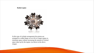 Radial engine
In this type of cylinder arrangement the pistons are
arranged in a radial shape so as to fit in a larger engine in
minimum space without increasing the amount of vertical
space taken up by the engine. (as shown in the above
image).
 