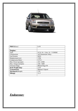 PRICE(lacs)           6.59

Engine:
Type                  4 Cyl. In – Line, 16 – V DOHC
Construction          All Aluminium Alloy
Fuel System           SEFI
Displacement (cc)     1596
Compression Ratio     9.75:1
Max. Power (ps/rpm)   101 / 6500
Max. Torque (nm/pm)   146 / 3400
Emission Stage        Bharat Stage III
Kerb Weight (Kg)      1143
Transmission          Manual 5 Speed
MaxSpeed (Kmph)       174
Mileage               11.3




Endeavour:
 