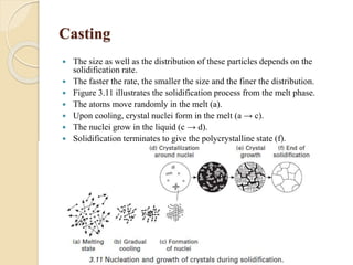 Casting 
 The size as well as the distribution of these particles depends on the 
solidification rate. 
 The faster the rate, the smaller the size and the finer the distribution. 
 Figure 3.11 illustrates the solidification process from the melt phase. 
 The atoms move randomly in the melt (a). 
 Upon cooling, crystal nuclei form in the melt (a → c). 
 The nuclei grow in the liquid (c → d). 
 Solidification terminates to give the polycrystalline state (f). 
 