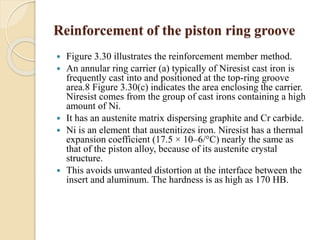 Reinforcement of the piston ring groove 
 Figure 3.30 illustrates the reinforcement member method. 
 An annular ring carrier (a) typically of Niresist cast iron is 
frequently cast into and positioned at the top-ring groove 
area.8 Figure 3.30(c) indicates the area enclosing the carrier. 
Niresist comes from the group of cast irons containing a high 
amount of Ni. 
 It has an austenite matrix dispersing graphite and Cr carbide. 
 Ni is an element that austenitizes iron. Niresist has a thermal 
expansion coefficient (17.5 × 10–6/°C) nearly the same as 
that of the piston alloy, because of its austenite crystal 
structure. 
 This avoids unwanted distortion at the interface between the 
insert and aluminum. The hardness is as high as 170 HB. 
 