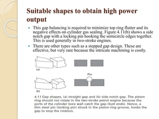Suitable shapes to obtain high power 
output 
 This gap balancing is required to minimize top ring flutter and its 
negative effects on cylinder gas sealing. Figure 4.11(b) shows a side 
notch gap with a locking pin hooking the semicircle edges together. 
This is used generally in two-stroke engines. 
 There are other types such as a stepped gap design. These are 
effective, but very rare because the intricate machining is costly. 
 