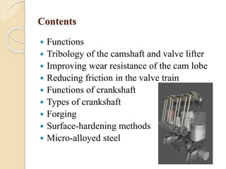 Contents 
 Functions 
 Tribology of the camshaft and valve lifter 
 Improving wear resistance of the cam lobe 
 Reducing friction in the valve train 
 Functions of crankshaft 
 Types of crankshaft 
 Forging 
 Surface-hardening methods 
 Micro-alloyed steel 
 