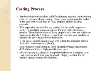 Casting Process 
 Sand molds produce a slow solidification rate because the insulating 
effect of the sand slows cooling. Under these conditions, the carbon 
in the cast iron crystallizes as flaky graphite and the casting 
expands. 
 This expansion ensures that the casting fits the mold shape very 
well. The resultant microstructure of the iron matrix becomes 
pearlite. The microstructure of flaky graphite cast iron has sufficient 
strength for the shaft portion. By contrast, the cam lobe needs high 
hardness to provide good wear resistance. 
 If the rate of solidification of cast iron is fast, the included carbon 
forms into hard cementite (Fe3C). 
 Iron combines with carbon to form cementite because graphite is 
difficult to nucleate at high solidification rates. 
 Microstructure associated with rapid solidification is referred to as 
Ledeburite or chill, it is very hard and is highly suitable for the 
hardness requirements of cam lobes. 
 