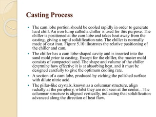 Casting Process 
 The cam lobe portion should be cooled rapidly in order to generate 
hard chill. An iron lump called a chiller is used for this purpose. The 
chiller is positioned at the cam lobe and takes heat away from the 
casting, giving a rapid solidification rate. The chiller is normally 
made of cast iron. Figure 5.10 illustrates the relative positioning of 
the chiller and cam. 
 The chiller has a cam lobe-shaped cavity and is inserted into the 
sand mold prior to casting. Except for the chiller, the master mold 
consists of compacted sand. The shape and volume of the chiller 
determine how effective it is at absorbing heat, and it must be 
designed carefully to give the optimum cooling rate. 
 A section of a cam lobe, produced by etching the polished surface 
with dilute nitric acid. 
 The pillar-like crystals, known as a columnar structure, align 
radially at the periphery, whilst they are not seen at the center. . The 
columnar structure is aligned vertically, indicating that solidification 
advanced along the direction of heat flow. 
 