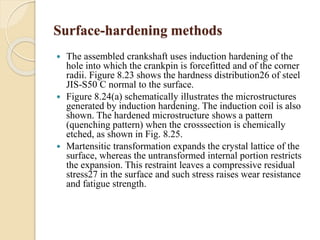 Surface-hardening methods 
 The assembled crankshaft uses induction hardening of the 
hole into which the crankpin is forcefitted and of the corner 
radii. Figure 8.23 shows the hardness distribution26 of steel 
JIS-S50 C normal to the surface. 
 Figure 8.24(a) schematically illustrates the microstructures 
generated by induction hardening. The induction coil is also 
shown. The hardened microstructure shows a pattern 
(quenching pattern) when the crosssection is chemically 
etched, as shown in Fig. 8.25. 
 Martensitic transformation expands the crystal lattice of the 
surface, whereas the untransformed internal portion restricts 
the expansion. This restraint leaves a compressive residual 
stress27 in the surface and such stress raises wear resistance 
and fatigue strength. 
 