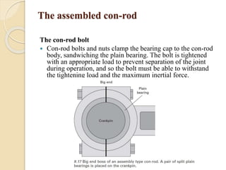 The assembled con-rod 
The con-rod bolt 
 Con-rod bolts and nuts clamp the bearing cap to the con-rod 
body, sandwiching the plain bearing. The bolt is tightened 
with an appropriate load to prevent separation of the joint 
during operation, and so the bolt must be able to withstand 
the tightening load and the maximum inertial force. 
 
