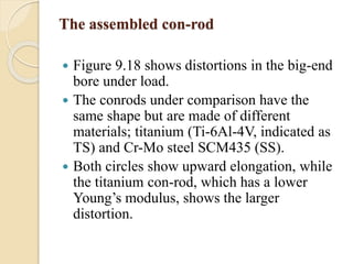 The assembled con-rod 
 Figure 9.18 shows distortions in the big-end 
bore under load. 
 The conrods under comparison have the 
same shape but are made of different 
materials; titanium (Ti-6Al-4V, indicated as 
TS) and Cr-Mo steel SCM435 (SS). 
 Both circles show upward elongation, while 
the titanium con-rod, which has a lower 
Young’s modulus, shows the larger 
distortion. 
 