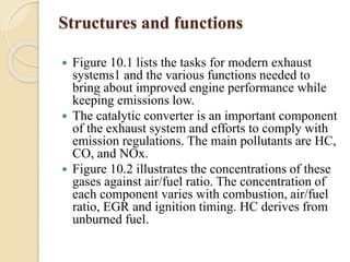 Structures and functions 
 Figure 10.1 lists the tasks for modern exhaust 
systems1 and the various functions needed to 
bring about improved engine performance while 
keeping emissions low. 
 The catalytic converter is an important component 
of the exhaust system and efforts to comply with 
emission regulations. The main pollutants are HC, 
CO, and NOx. 
 Figure 10.2 illustrates the concentrations of these 
gases against air/fuel ratio. The concentration of 
each component varies with combustion, air/fuel 
ratio, EGR and ignition timing. HC derives from 
unburned fuel. 
 