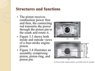 Structures and functions 
 The piston receives 
combustion power first 
and then, the connecting 
rod transmits the power 
through the piston pin to 
the crank and rotate it.. 
 Figure 3.3 shows both 
inside and outside views 
of a four-stroke engine 
piston. 
 Figure 3.4 illustrates an 
assembly comprising 
piston, piston ring, and 
piston pin. 
 
