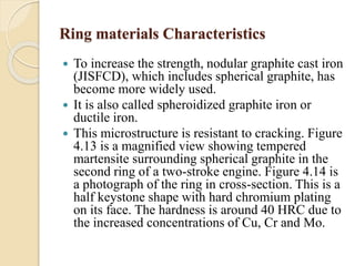 Ring materials Characteristics 
 To increase the strength, nodular graphite cast iron 
(JISFCD), which includes spherical graphite, has 
become more widely used. 
 It is also called spheroidized graphite iron or 
ductile iron. 
 This microstructure is resistant to cracking. Figure 
4.13 is a magnified view showing tempered 
martensite surrounding spherical graphite in the 
second ring of a two-stroke engine. Figure 4.14 is 
a photograph of the ring in cross-section. This is a 
half keystone shape with hard chromium plating 
on its face. The hardness is around 40 HRC due to 
the increased concentrations of Cu, Cr and Mo. 
 