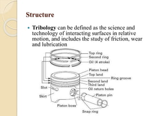 Structure 
 Tribology can be defined as the science and 
technology of interacting surfaces in relative 
motion, and includes the study of friction, wear 
and lubrication 
 