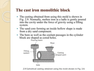 The cast iron monolithic block 
 The casting obtained from using this mold is shown in 
Fig. 2.9. Normally, molten iron in a ladle is gently poured 
into the cavity under the force of gravity using a filling 
system. 
 The sand core forming an inside hollow shape is made 
from a dry sand component. 
 The bore as well as the coolant passages in the cylinder 
block are shaped as cored holes. 
 