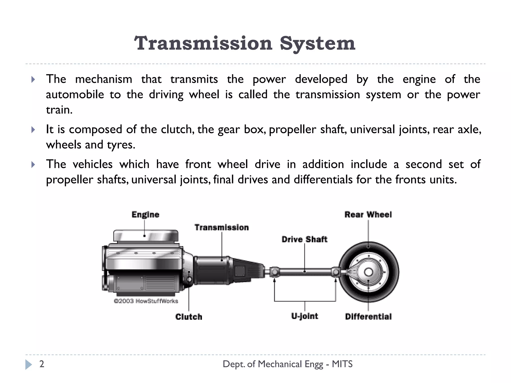 Transmission System
Dept. of Mechanical Engg - MITS
 The mechanism that transmits the power developed by the engine of the
automobile to the driving wheel is called the transmission system or the power
train.
 It is composed of the clutch, the gear box, propeller shaft, universal joints, rear axle,
wheels and tyres.
 The vehicles which have front wheel drive in addition include a second set of
propeller shafts, universal joints, final drives and differentials for the fronts units.
2
 