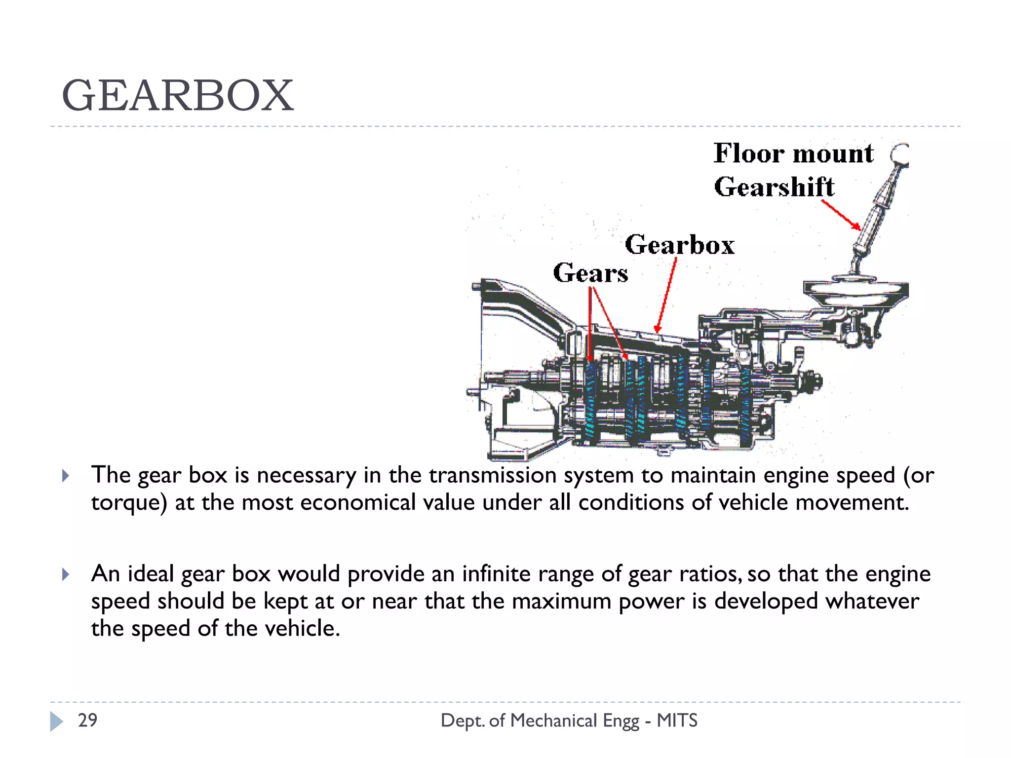 GEARBOX
Dept. of Mechanical Engg - MITS29
 The gear box is necessary in the transmission system to maintain engine speed (or
torque) at the most economical value under all conditions of vehicle movement.
 An ideal gear box would provide an infinite range of gear ratios, so that the engine
speed should be kept at or near that the maximum power is developed whatever
the speed of the vehicle.
 