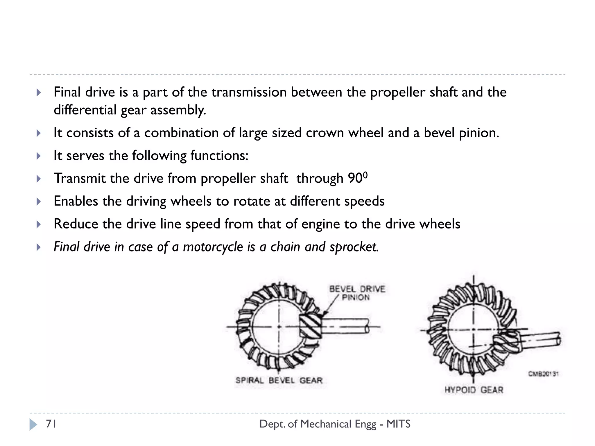 Dept. of Mechanical Engg - MITS71
 Final drive is a part of the transmission between the propeller shaft and the
differential gear assembly.
 It consists of a combination of large sized crown wheel and a bevel pinion.
 It serves the following functions:
 Transmit the drive from propeller shaft through 900
 Enables the driving wheels to rotate at different speeds
 Reduce the drive line speed from that of engine to the drive wheels
 Final drive in case of a motorcycle is a chain and sprocket.
 