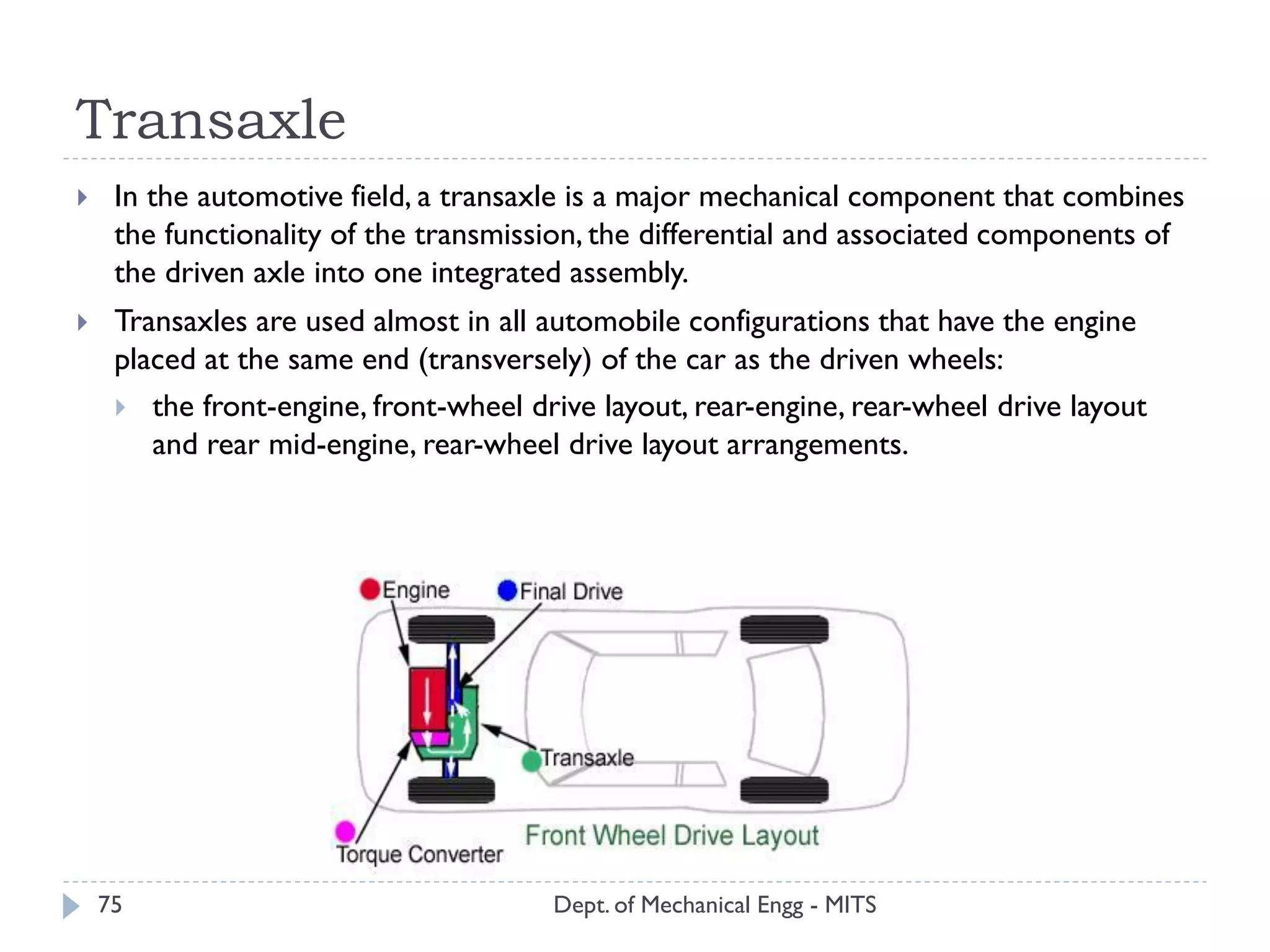 Transaxle
Dept. of Mechanical Engg - MITS75
 In the automotive field, a transaxle is a major mechanical component that combines
the functionality of the transmission, the differential and associated components of
the driven axle into one integrated assembly.
 Transaxles are used almost in all automobile configurations that have the engine
placed at the same end (transversely) of the car as the driven wheels:
 the front-engine, front-wheel drive layout, rear-engine, rear-wheel drive layout
and rear mid-engine, rear-wheel drive layout arrangements.
 