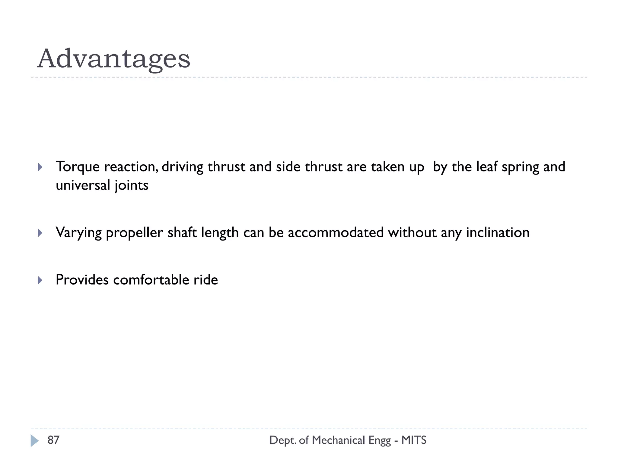 Advantages
Dept. of Mechanical Engg - MITS87
 Torque reaction, driving thrust and side thrust are taken up by the leaf spring and
universal joints
 Varying propeller shaft length can be accommodated without any inclination
 Provides comfortable ride
 