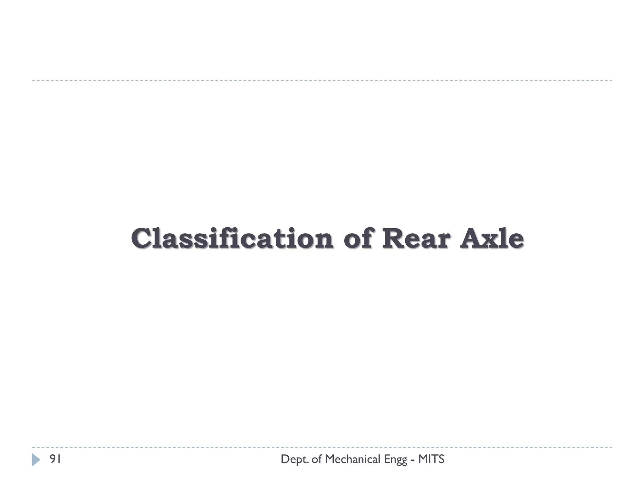 Classification of Rear Axle
Dept. of Mechanical Engg - MITS91
 