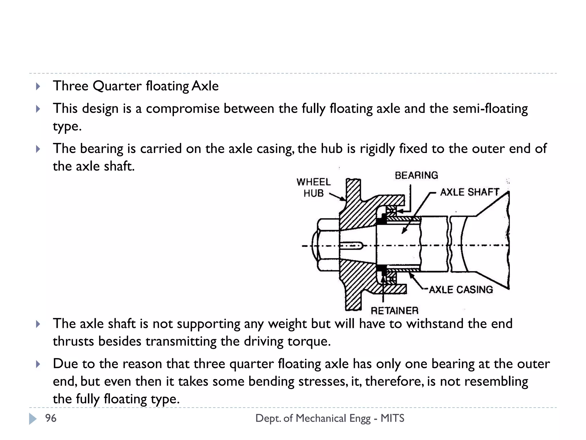 Dept. of Mechanical Engg - MITS96
 Three Quarter floating Axle
 This design is a compromise between the fully floating axle and the semi-floating
type.
 The bearing is carried on the axle casing, the hub is rigidly fixed to the outer end of
the axle shaft.
 The axle shaft is not supporting any weight but will have to withstand the end
thrusts besides transmitting the driving torque.
 Due to the reason that three quarter floating axle has only one bearing at the outer
end, but even then it takes some bending stresses, it, therefore, is not resembling
the fully floating type.
 
