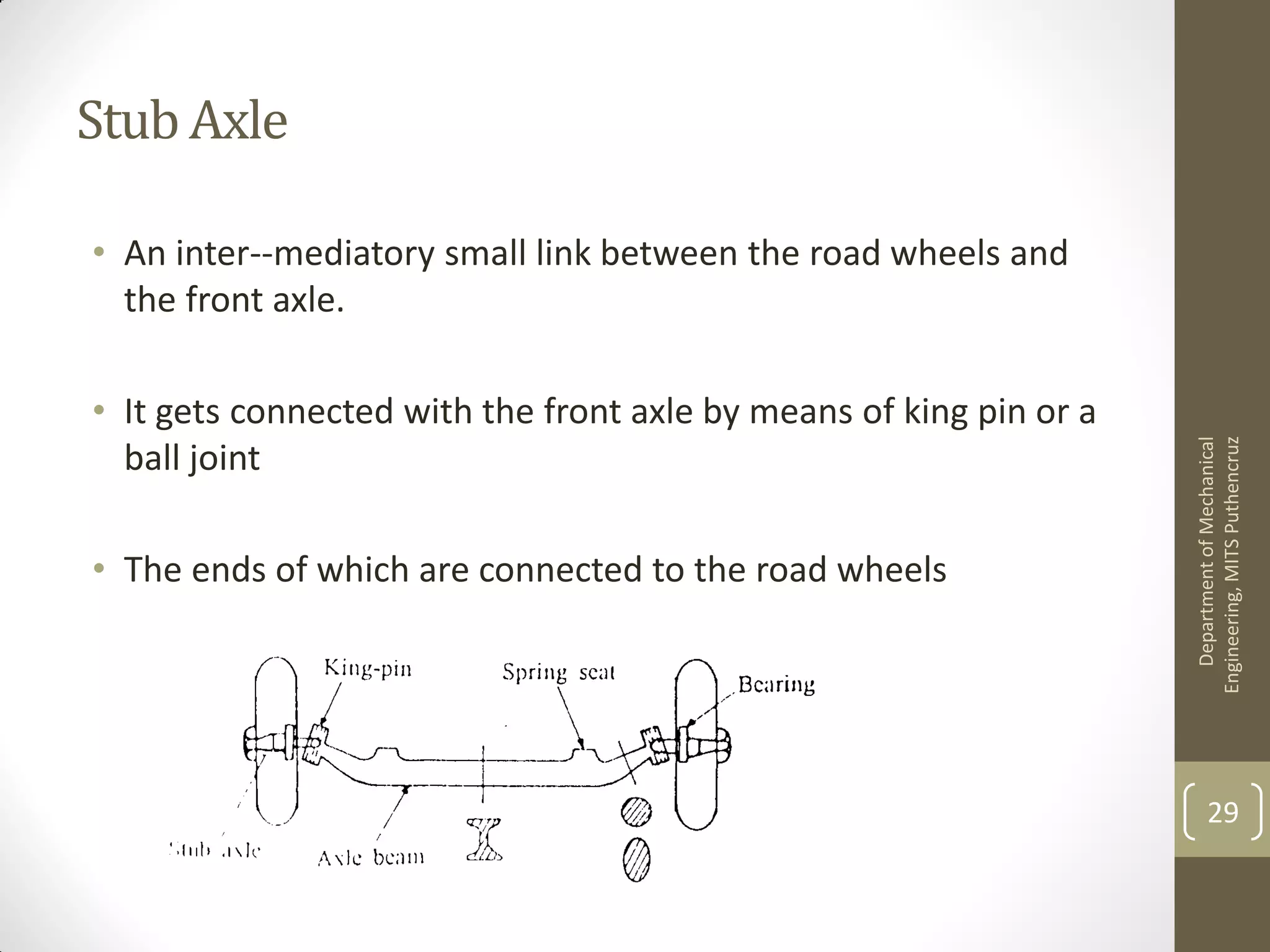 Stub Axle
• An inter--mediatory small link between the road wheels and
the front axle.
• It gets connected with the front axle by means of king pin or a
ball joint
• The ends of which are connected to the road wheels
DepartmentofMechanical
Engineering,MITSPuthencruz
29
 