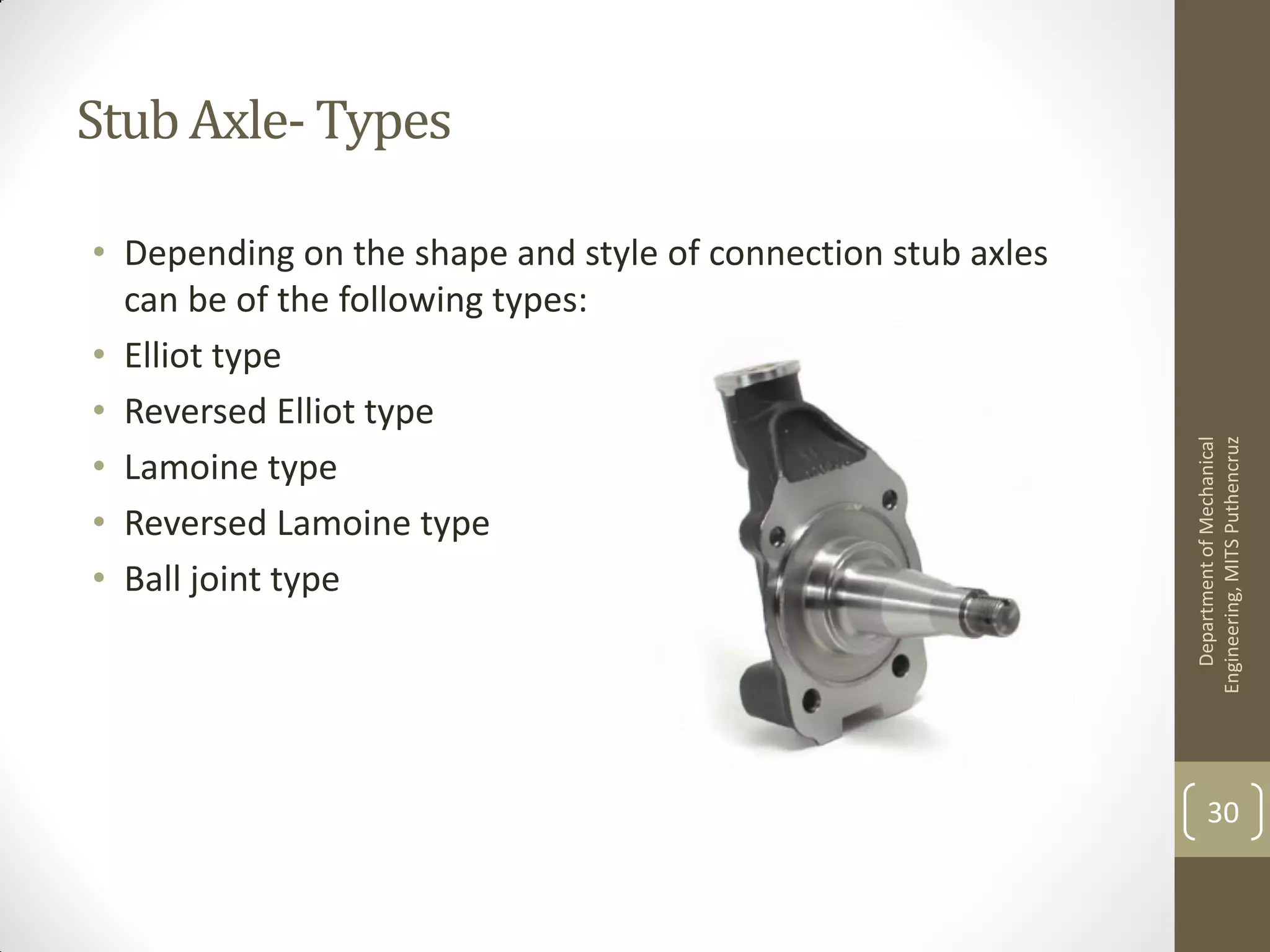 Stub Axle- Types
• Depending on the shape and style of connection stub axles
can be of the following types:
• Elliot type
• Reversed Elliot type
• Lamoine type
• Reversed Lamoine type
• Ball joint type
DepartmentofMechanical
Engineering,MITSPuthencruz
30
 