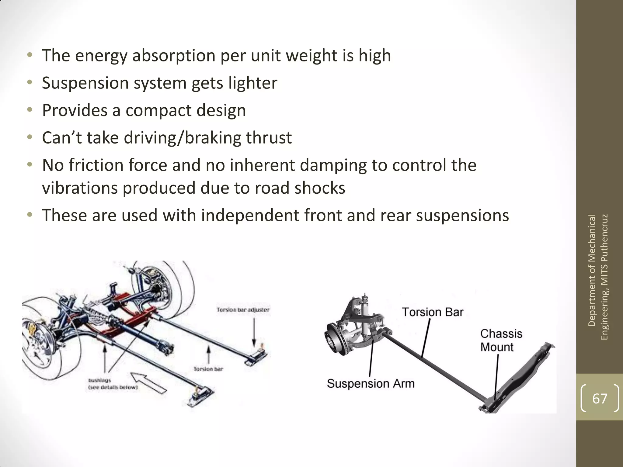 • The energy absorption per unit weight is high
• Suspension system gets lighter
• Provides a compact design
• Can’t take driving/braking thrust
• No friction force and no inherent damping to control the
vibrations produced due to road shocks
• These are used with independent front and rear suspensions
DepartmentofMechanical
Engineering,MITSPuthencruz
67
 