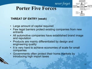 THREAT OF ENTRY (weak)
• Large amount of capital required
• Few legal barriers protect existing companies from new
entrants
• All automotive companies have established brand image
and reputation
• Products are mainly differentiated by design and
engineering quality
• It is very hard to achieve economies of scale for small
companies
• Governments often protect their home markets by
introducing high import taxes
17
Porter Five Forces
 