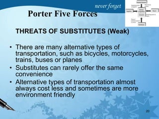 THREATS OF SUBSTITUTES (Weak)
• There are many alternative types of
transportation, such as bicycles, motorcycles,
trains, buses or planes
• Substitutes can rarely offer the same
convenience
• Alternative types of transportation almost
always cost less and sometimes are more
environment friendly
20
Porter Five Forces
 