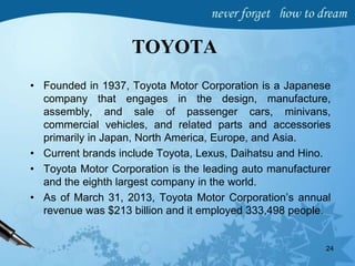 TOYOTA
• Founded in 1937, Toyota Motor Corporation is a Japanese
company that engages in the design, manufacture,
assembly, and sale of passenger cars, minivans,
commercial vehicles, and related parts and accessories
primarily in Japan, North America, Europe, and Asia.
• Current brands include Toyota, Lexus, Daihatsu and Hino.
• Toyota Motor Corporation is the leading auto manufacturer
and the eighth largest company in the world.
• As of March 31, 2013, Toyota Motor Corporation’s annual
revenue was $213 billion and it employed 333,498 people.
24
 